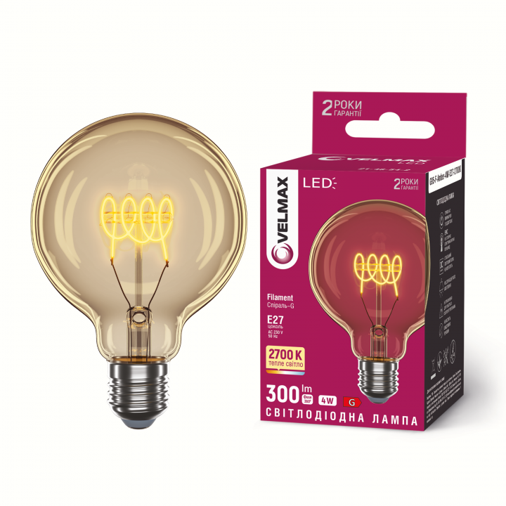 LED лампа VELMAX Filament-Amber-Спіраль-G V-FA-G95-427, 4W, E27, 2700K, 230V