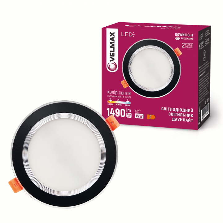 LED світильник VELMAX V-DR-Bl, 15W, 3000-6500K, чорний, з перемикачем, 230V