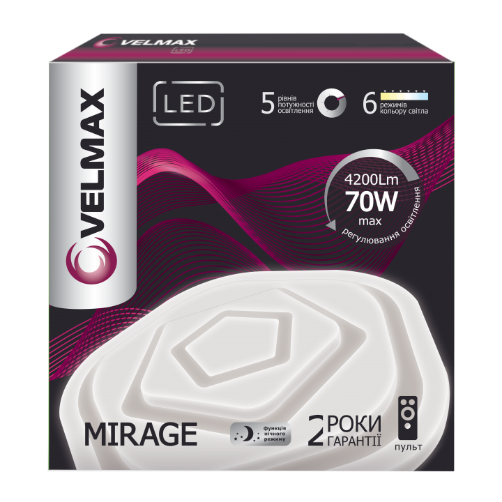 LED світильник VELMAX V-CL-MIRAGE, max 70W, 2700K-6500K, пульт, батарейки 2шт, кріплення, 230V