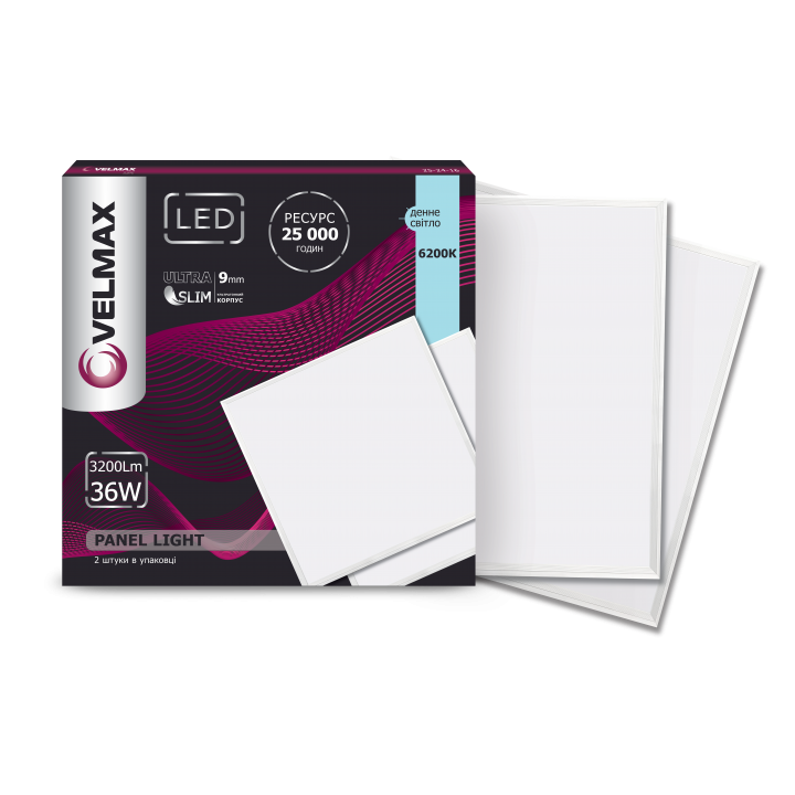 LED св-к VELMAX V-UPS, 36W, панель, 595*595mm, 6200K, 3200Lm, з блоком жи-ня