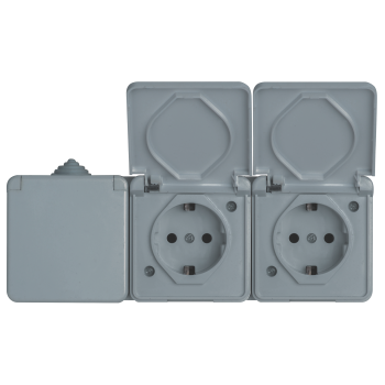Розетка 3 гнізда з/з, 16А, MARSO "Aqua", IP 44, з кришкою, сіра