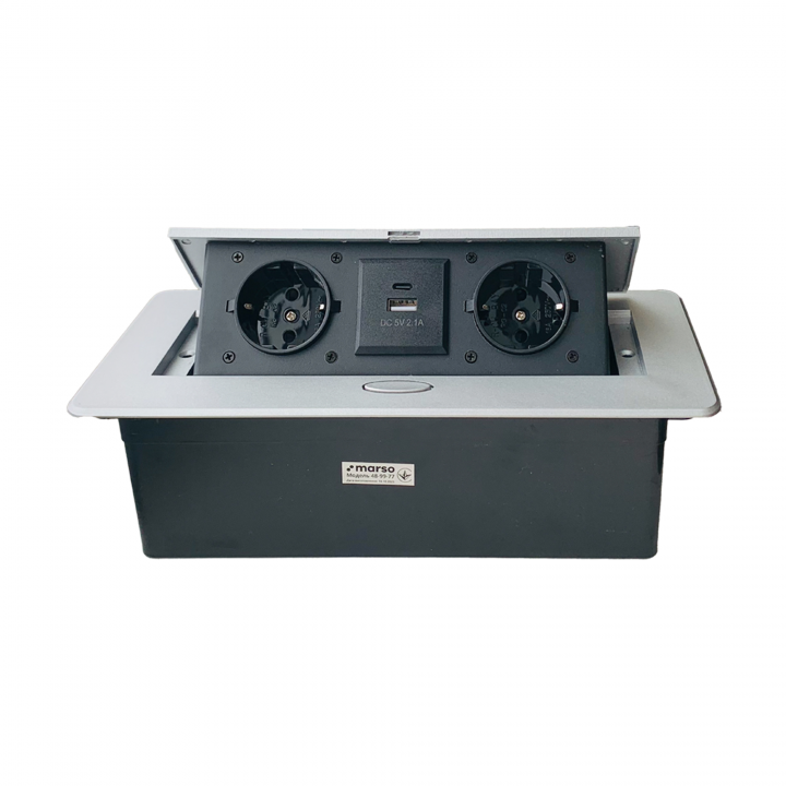 Розетка меблева з/з, 2 гнізда, 16А, USB+TYPE-C, 2,1А, врізна, з підйомною кришкою, срібло, MARSO
