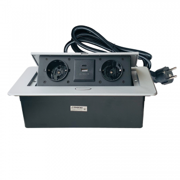 Розетка меблева з кабелем 1.5м, з/з, 2 гнізда, 16А, USB+TYPE-C, 2,1А, врізна, срібло, MARSO