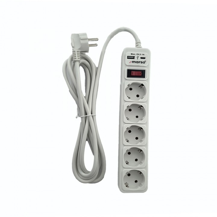 Мережевий фільтр-подовжувач з/з, 5 гнізд, USB, Type-C, 3м, ПВС 3х1, з вимикачем, MARSO
