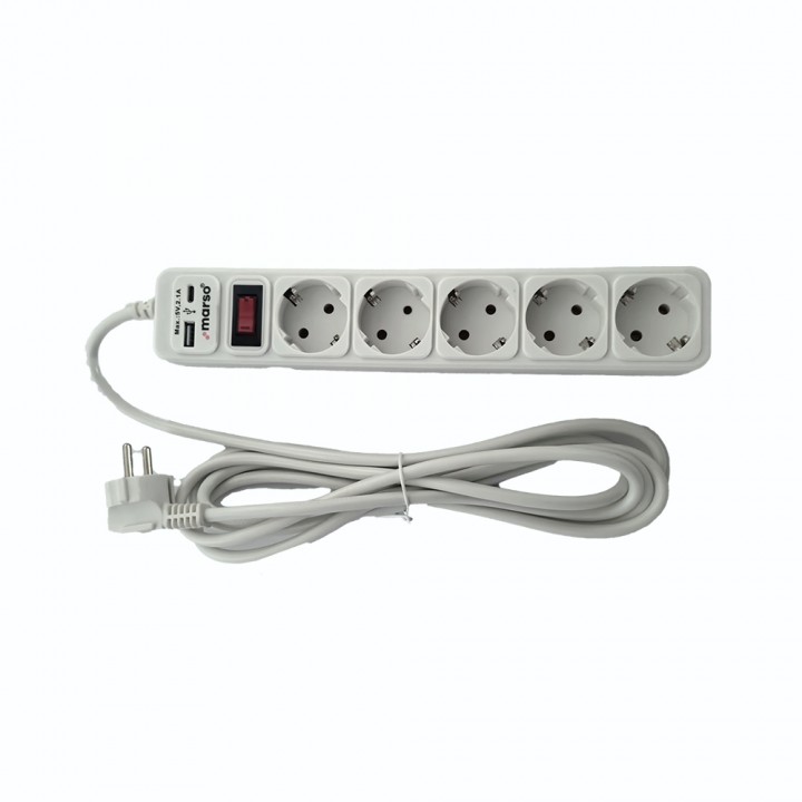 Мережевий фільтр-подовжувач з/з, 5 гнізд, USB, Type-C, 3м, ПВС 3х1, з вимикачем, MARSO