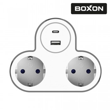 Розгалужувач BOXON, B302USB, 2 розетки, USB: Type-A, Type-C, з/з, 16А, зі шторками, 230V