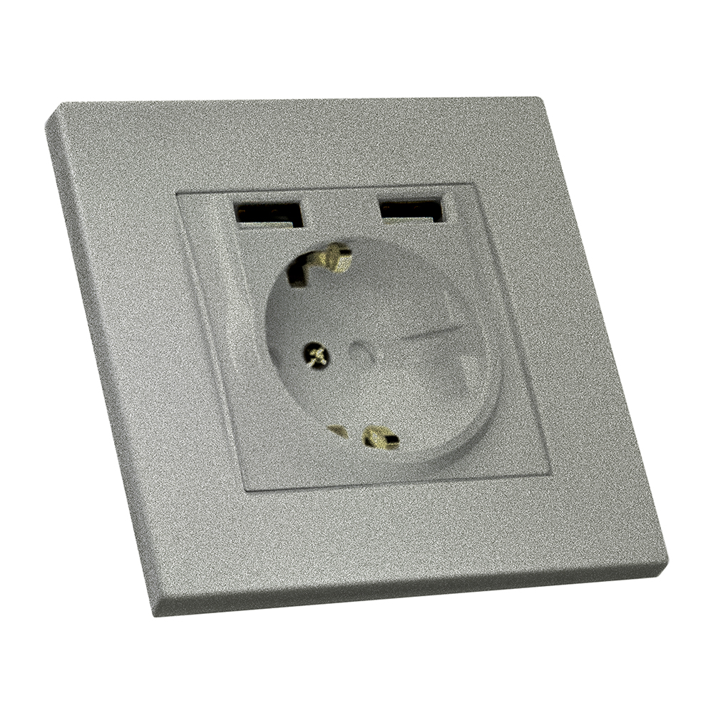 Розетка з/з, 16А, та 2гн USB, 2,4А, зі шторками, RITA, Mutlusan, "срібло", (2220 619 0282)