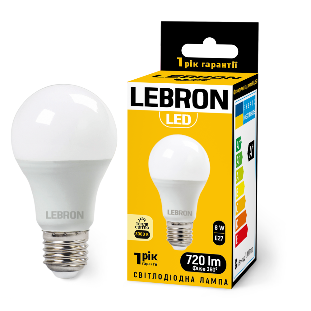 LED лампа LEBRON L-A60, 8W, Е27, 3000K, 720Lm