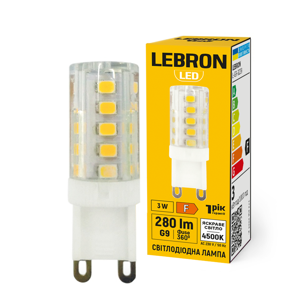 LED лампа LEBRON L-G9, 3W, G9, 4500K, 280Lm, кут 360°