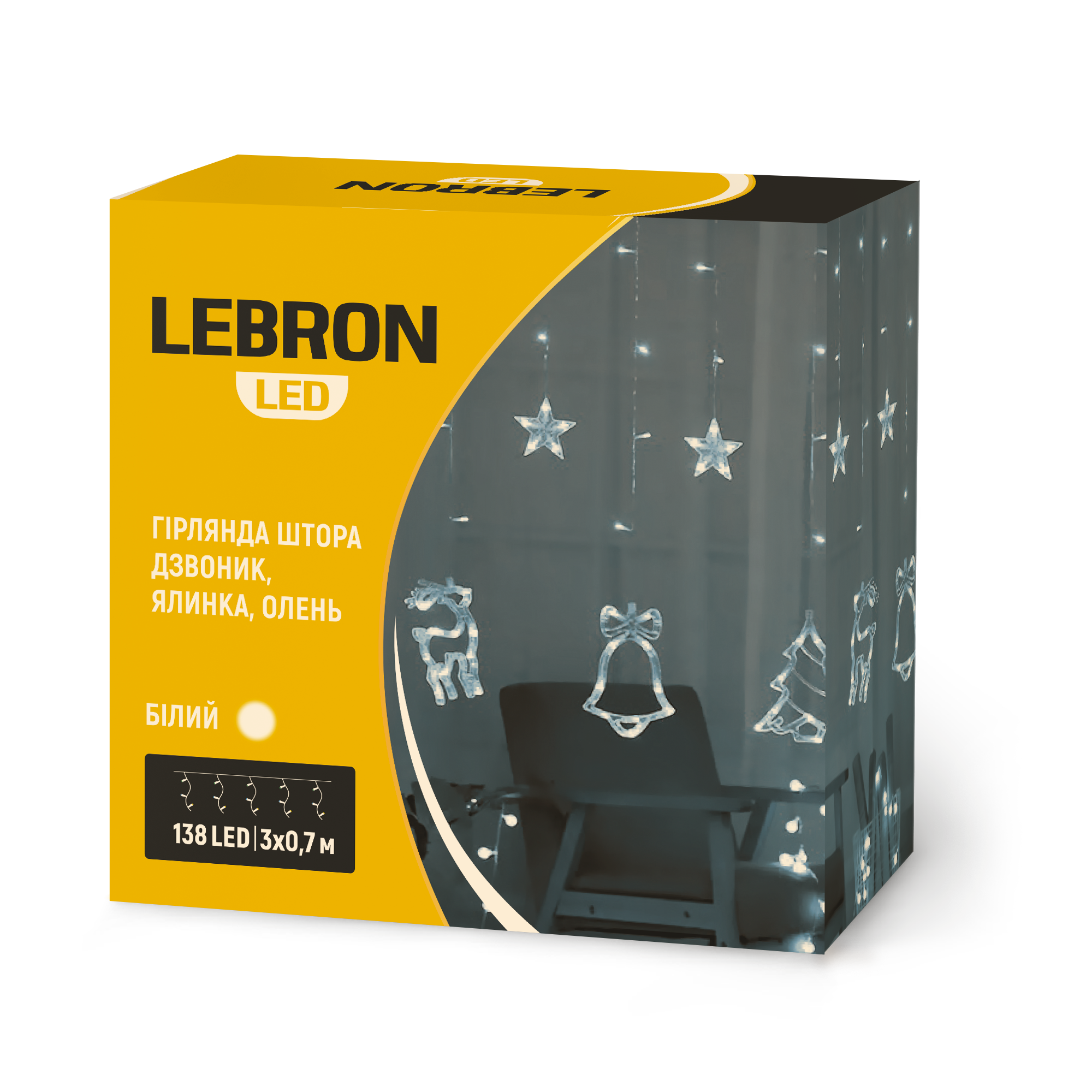 LED гірлянда LEBRON штора 3х0,7м, ялинка, дзвоник, олень 138LED, біла, IP20