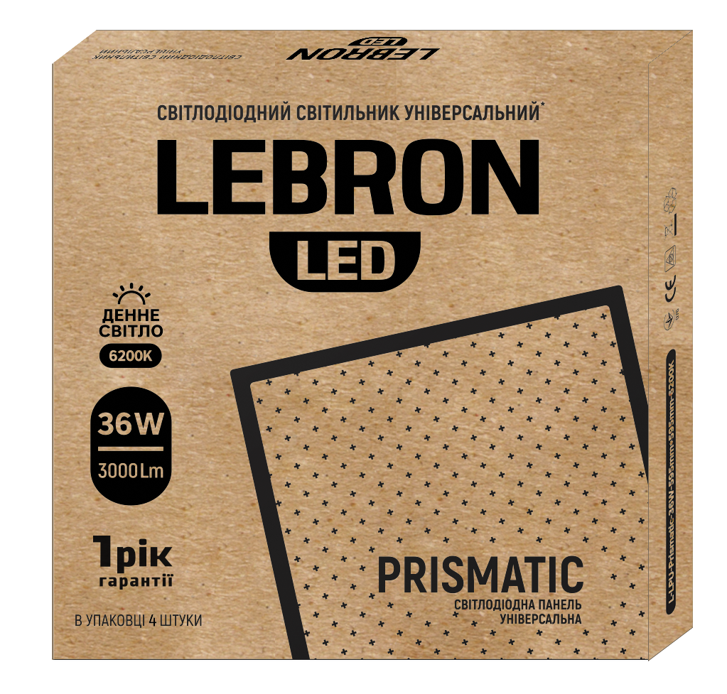LED св-к LEBRON L-LPU-Prismatic, 36W, унів., 595*595mm, 6200K, 3000Lm, 4шт