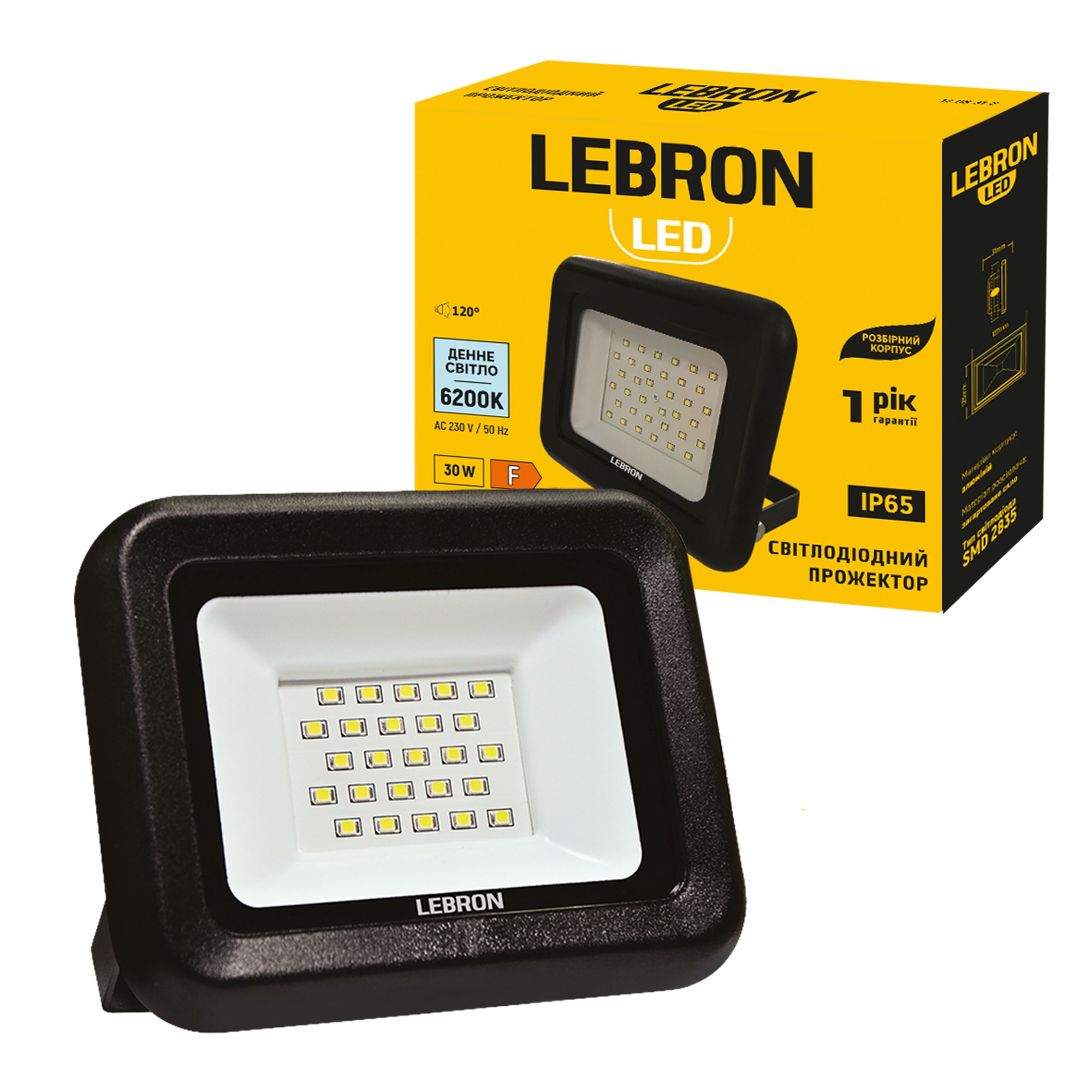 LED прожектор LEBRON L-LF-3062, 30W, 6200K, IP65, розбірний корпус, 230V