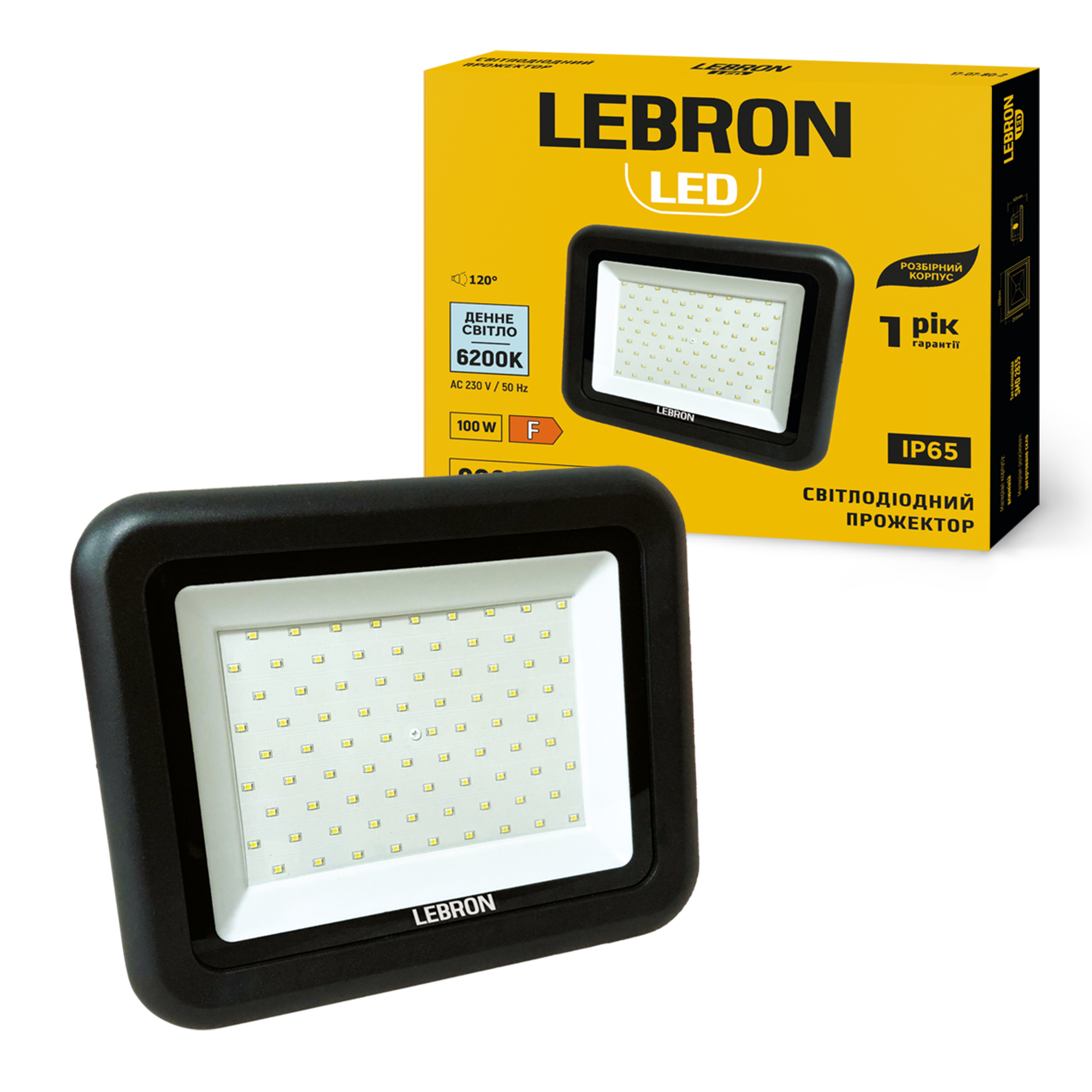 LED прожектор LEBRON L-LF-10062, 100W, 6200K, IP65, розбірний корпус, 230V