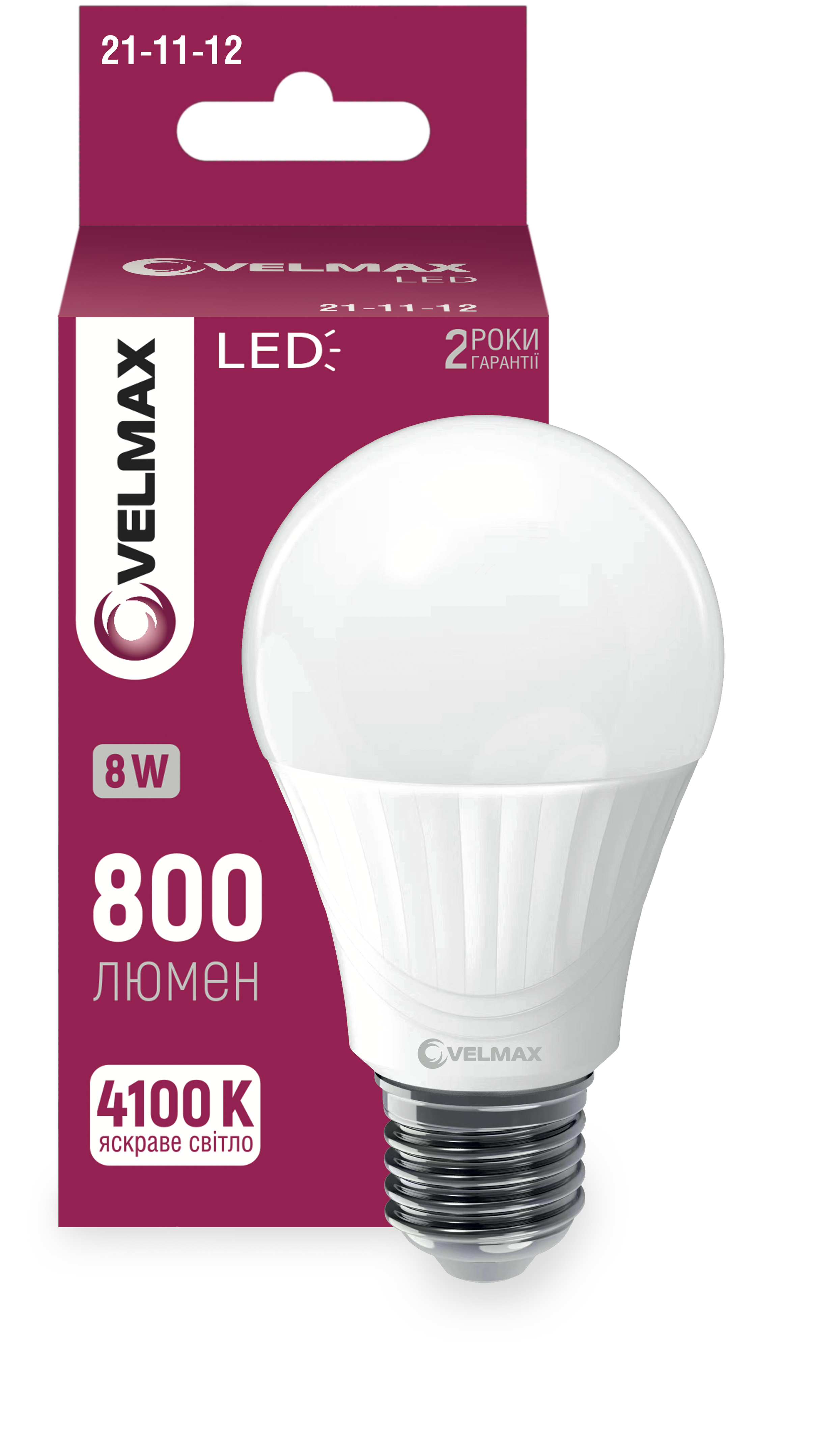 LED лампа VELMAX V-A60, 8W, E27, 4100K, 800Lm, EMC