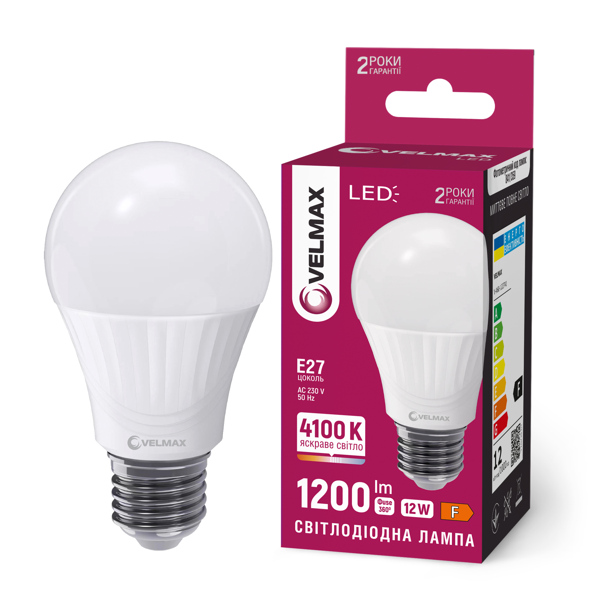 LED лампа VELMAX V-A60-122741, 12W, E27, 4100K, 230V