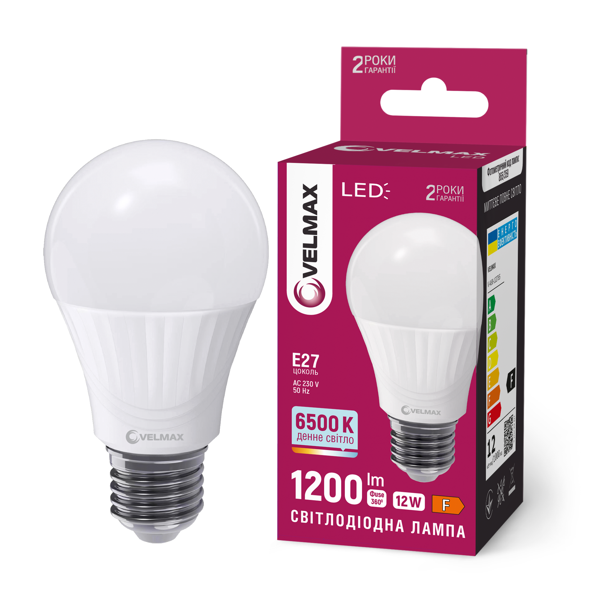 LED лампа VELMAX V-A60-122765, 12W, E27, 6500K, 230V