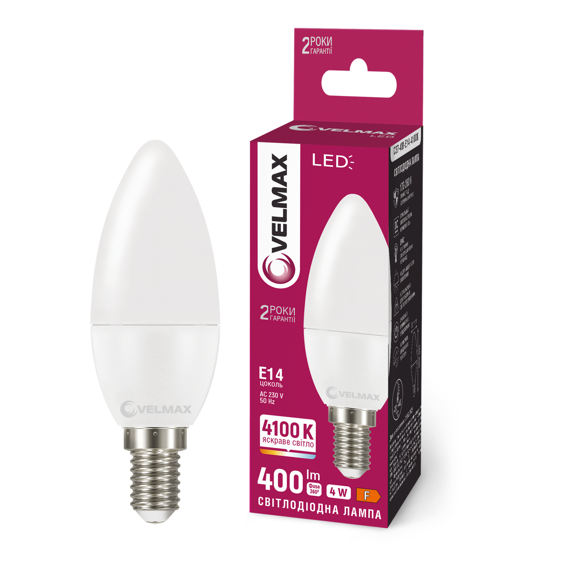LED лампа VELMAX V-C37-41441, 4W, E14, 4100K, 230V