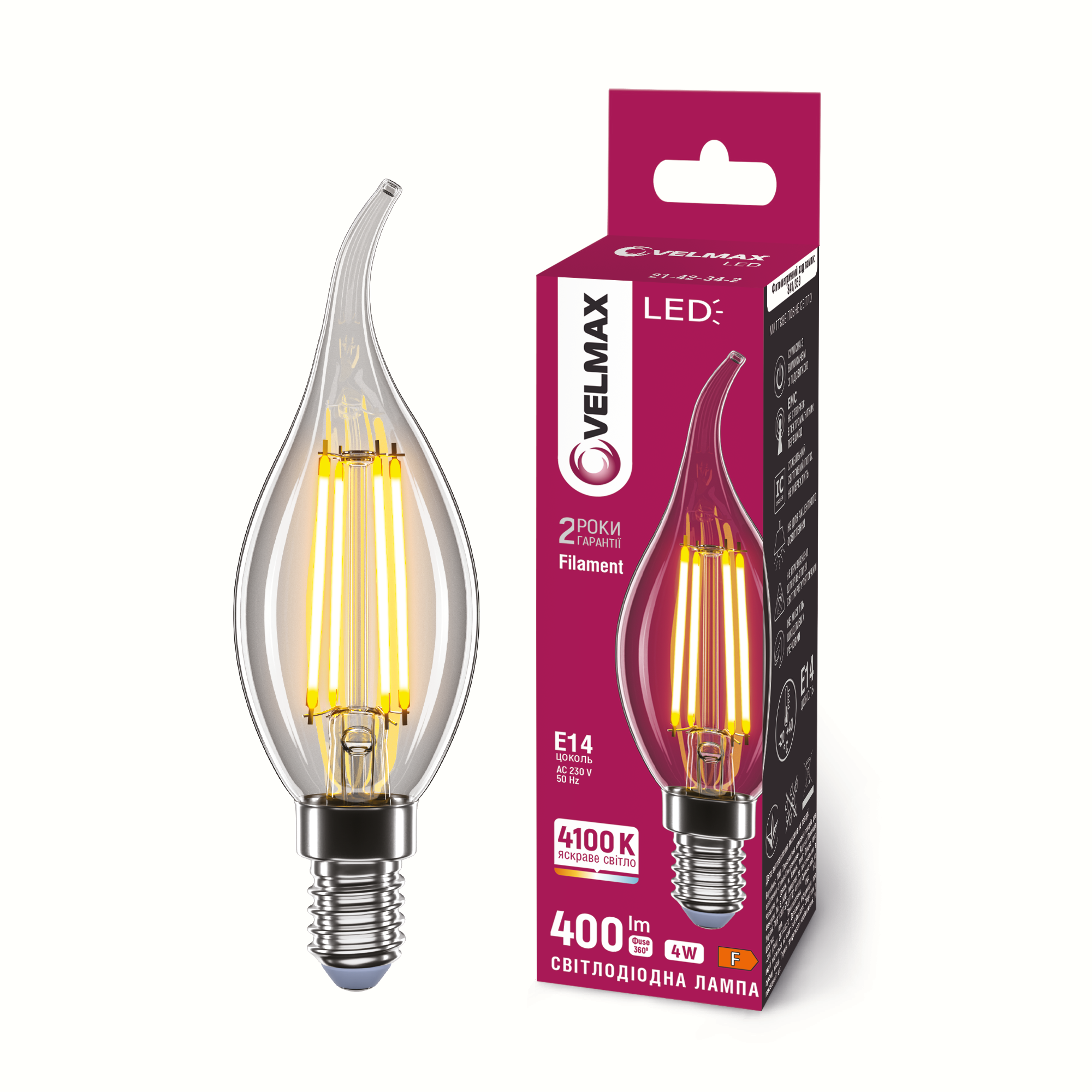 LED лампа VELMAX Filament V-F-C37t-441, 4W, E14, 4100K, 230V