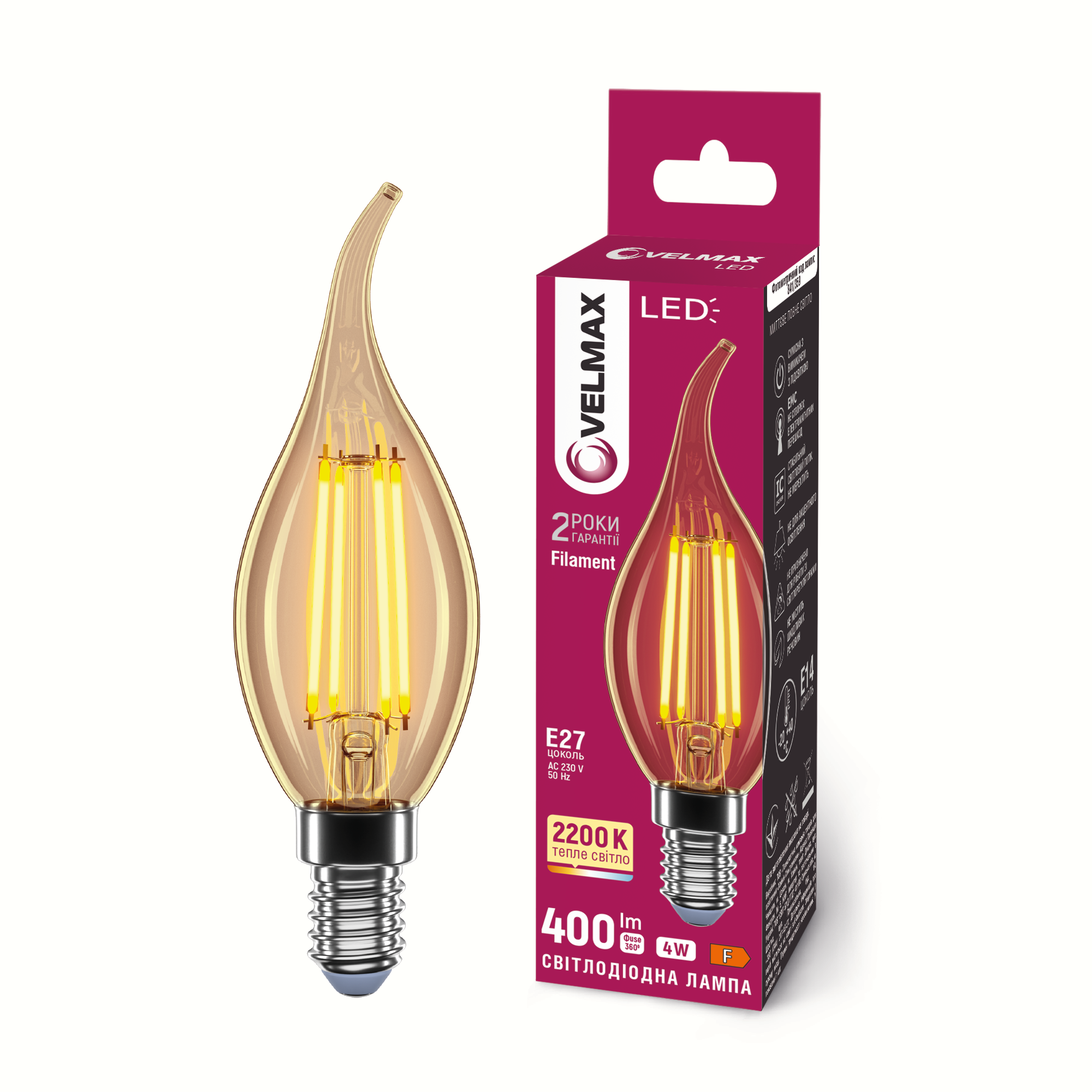 LED лампа VELMAX Filament-Amber V-FA-C37t-422, 4W, E14, 2200K, 230V