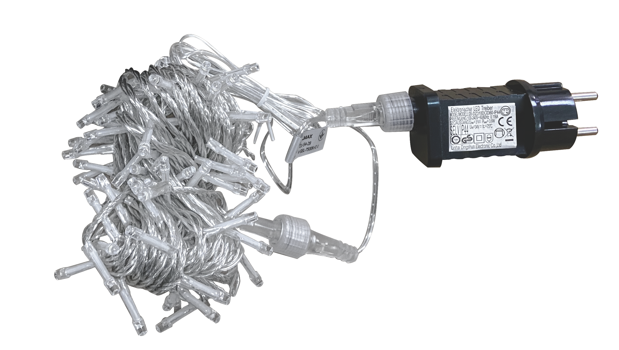 LED гірлянда VELMAX V-SSL, лінійна 10м (д/подовж.осн.гірлянди), 100LED, 7500К, прозор.кабель, IP65