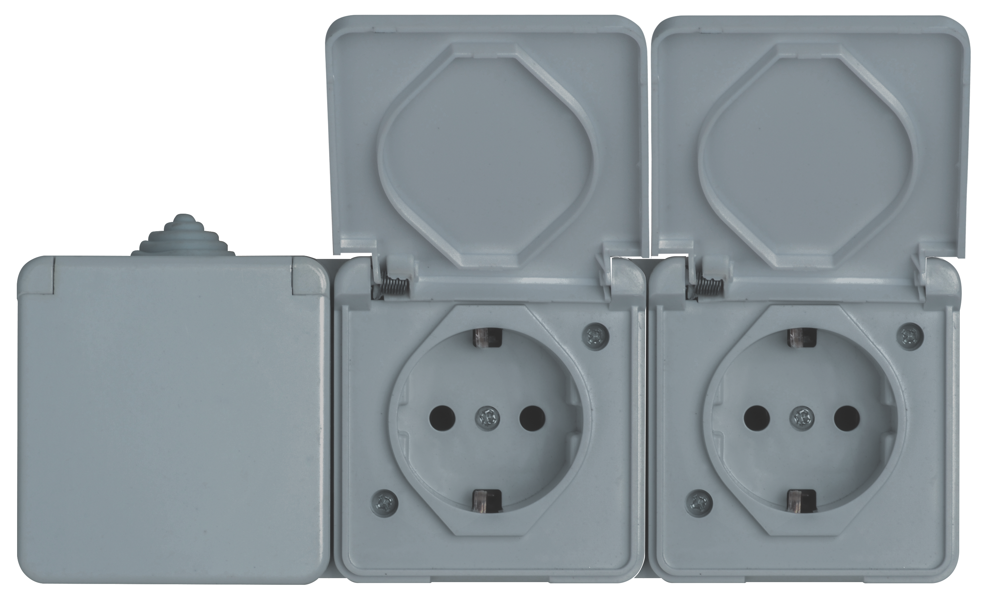 Розетка 3 гнізда з/з, 16А, MARSO "Aqua", IP 44, з кришкою, сіра