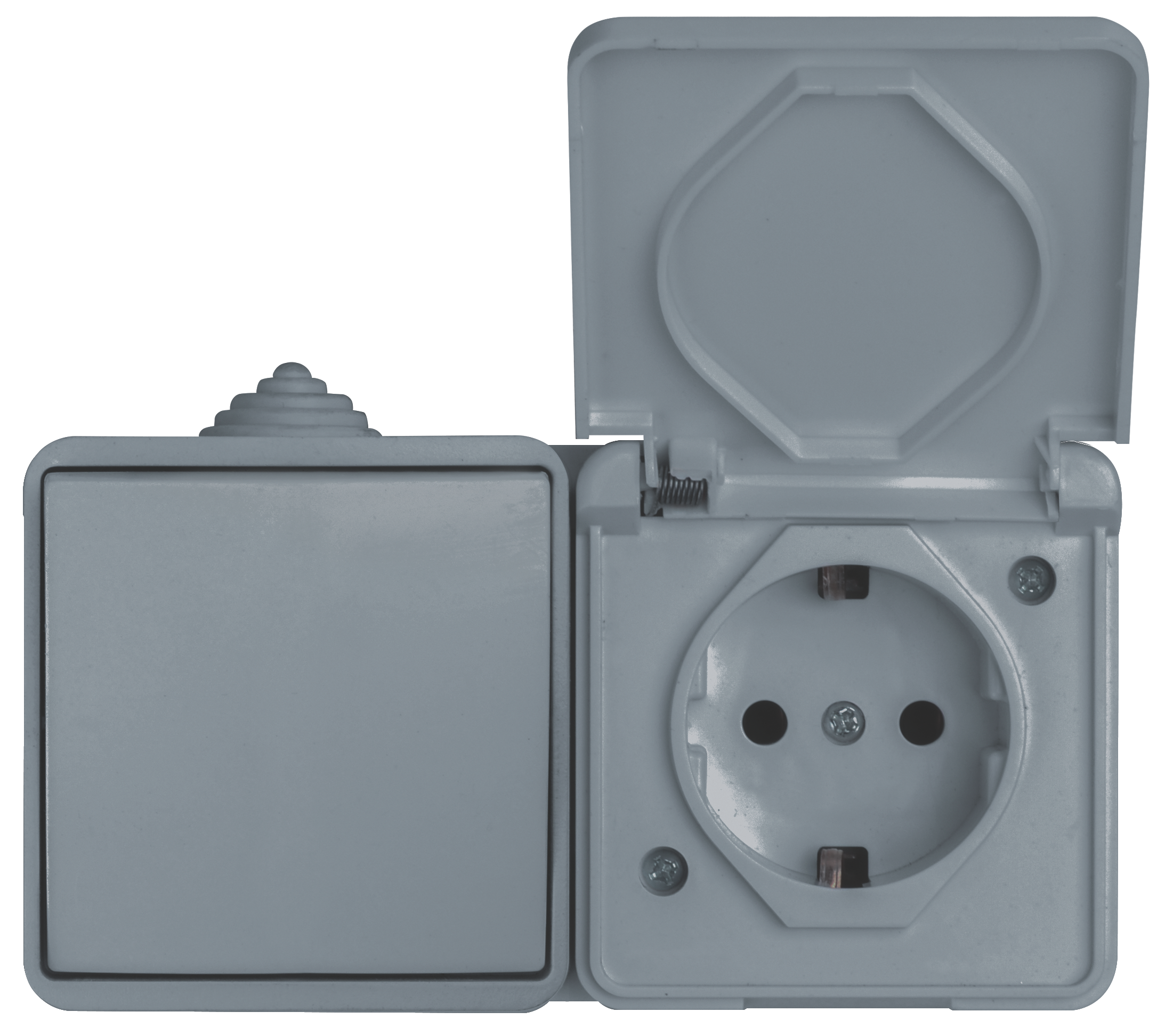Блок: вимикач 1 кл, розетка з/з, 10А-16А, MARSO "Aqua", IP 44, з кришкою, сірий