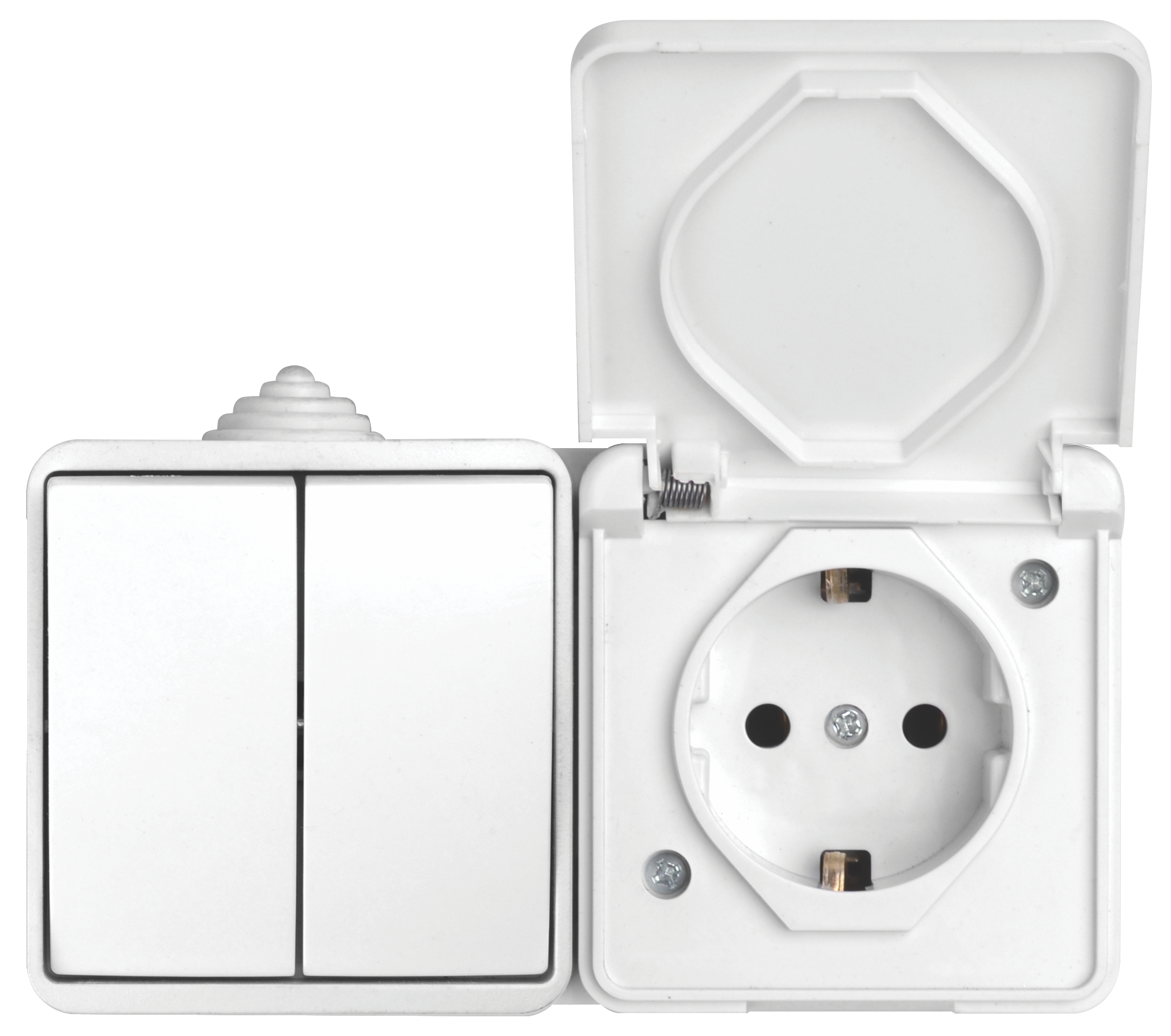 Блок: вимикач 2 кл, розетка з/з, 10А-16А, MARSO "Aqua", IP 44, з кришкою, білий