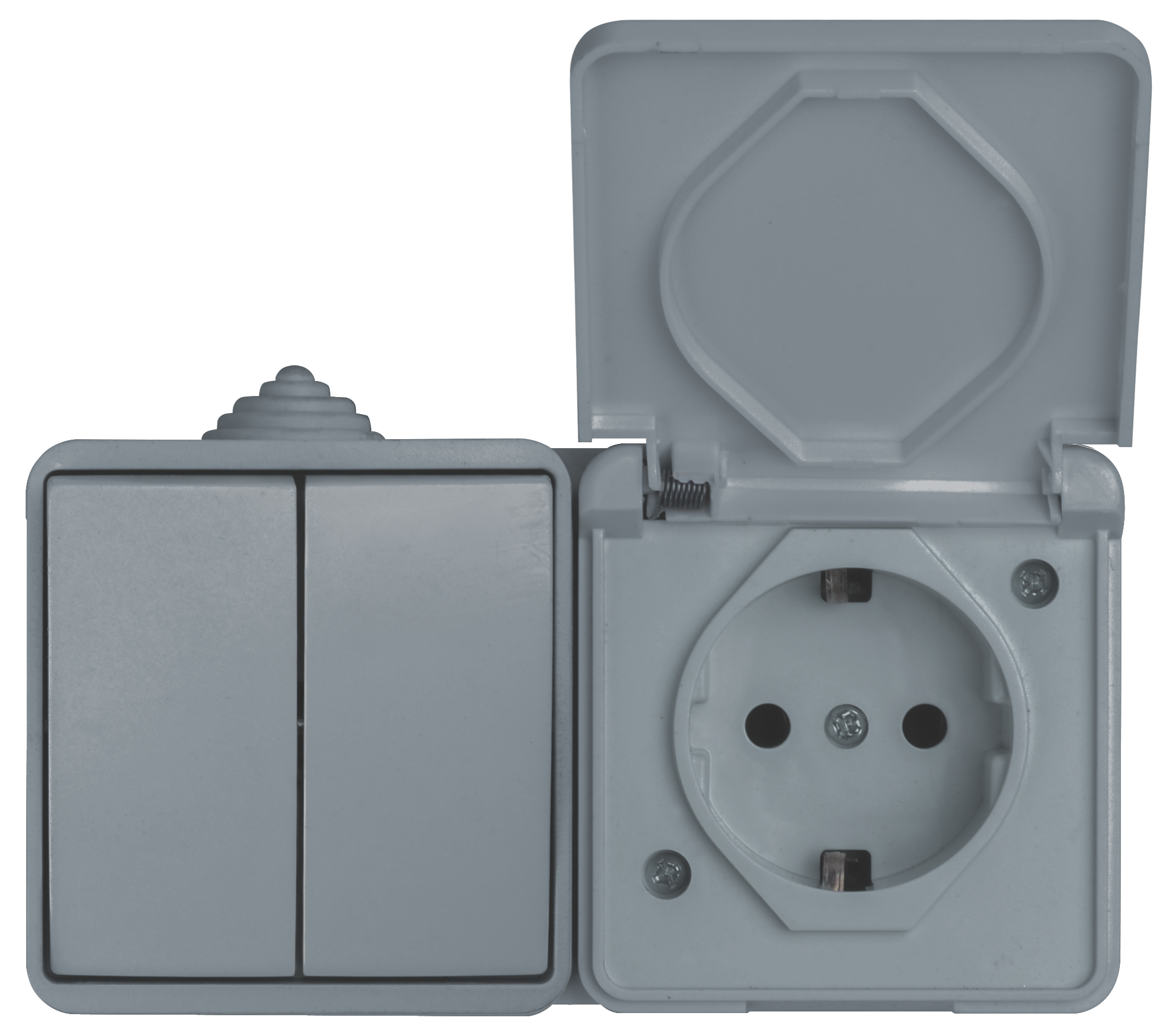 Блок: вимикач 2 кл, розетка з/з, 10А-16А, MARSO "Aqua", IP 44, з кришкою, сірий