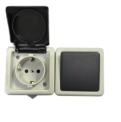 Блок: вимикач 1 кл, розетка з/з, 10А-16А, MARSO "Aqua Plus", IP 54, з кришкою, сірий