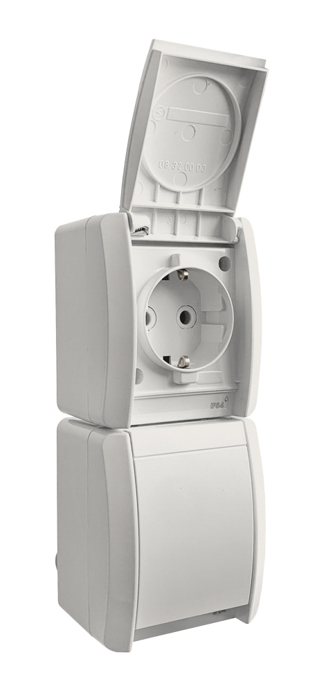 Розетка накладна подвійна вертикальна, з/з, 16А, NORA, Mutlusan, білий, IP54 (2155 220 0201)