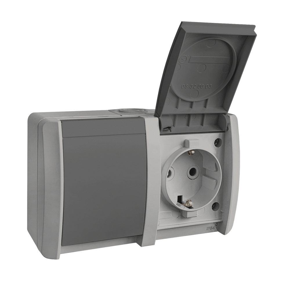 Розетка накладна подвійна, з/з, 16А, NORA, Mutlusan, сірий, IP54 (2155 210 0203)