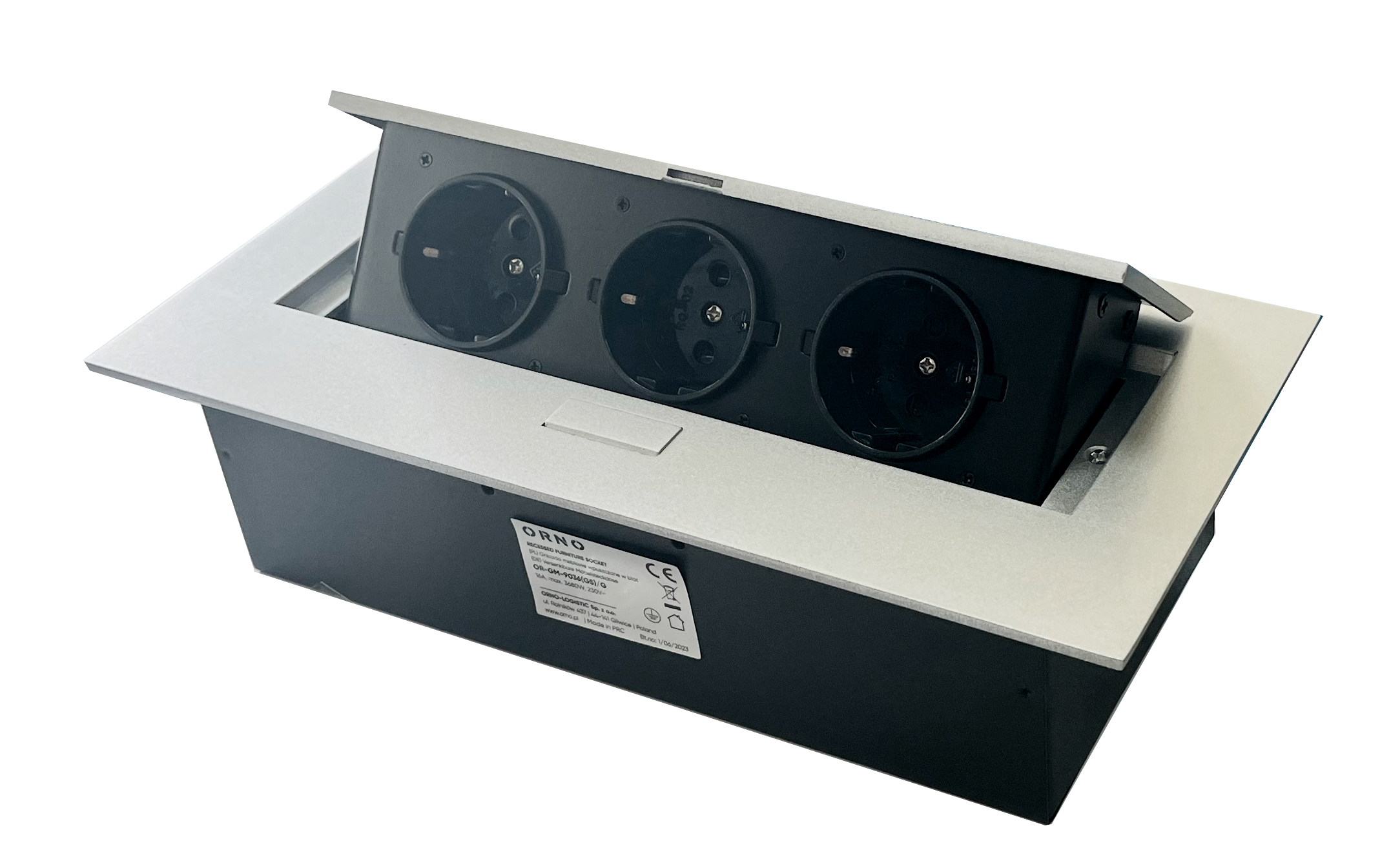 Розетка меблева з/з, 3 гнізда, 16А, врізна, з підйомною кришкою, метал, срібло, ORNO (OR-GM-9036(GS)/G)
