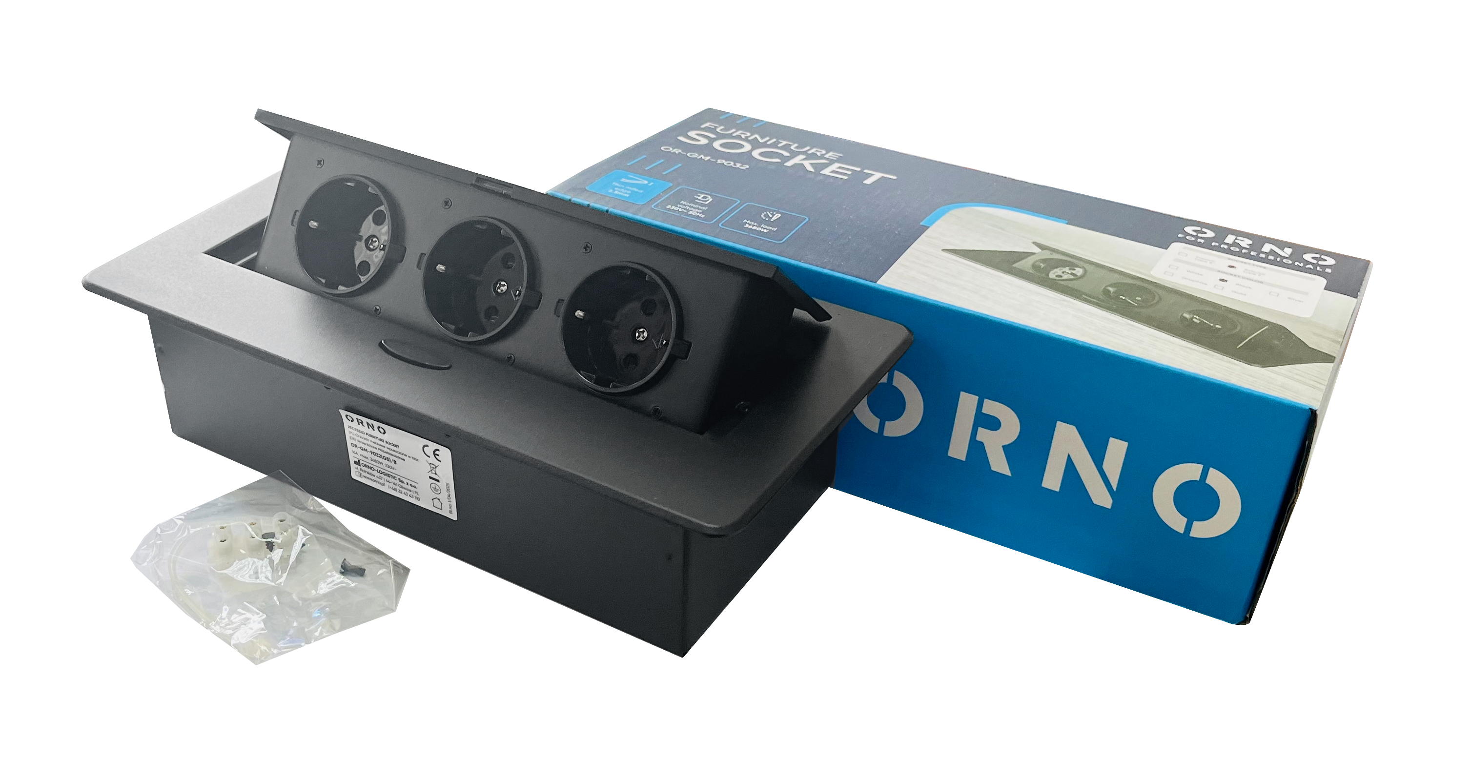 Розетка меблева з/з, 3 гнізда, 16А, врізна, з підйомною кришкою, метал, чорна, ORNO (OR-GM-9032(GS)/B)