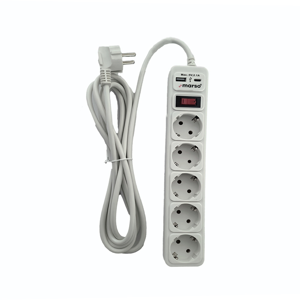 Мережевий фільтр-подовжувач з/з, 5 гнізд, USB, Type-C, 3м, ПВС 3х1, з вимикачем, MARSO