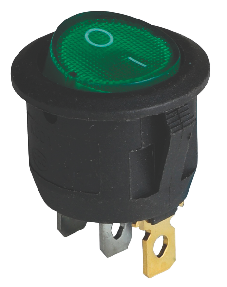 Клавішний перемикач 1 клав. 6А, круглий, 20мм, зелена кнопка, з підсвіткою ON-OFF, 2 контакта